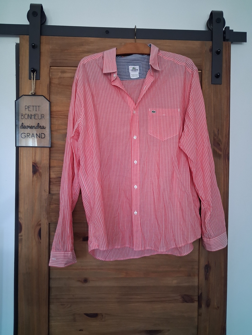 Lacoste Pink and White Striped Long-Sleeve Button-Up Shirt 44